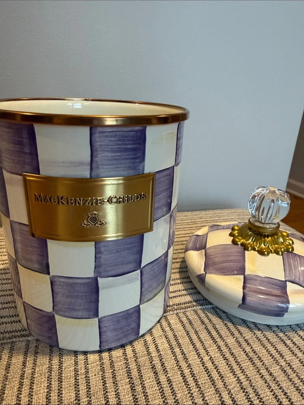 MacKenzie-Childs Violet Check Medium Enamel Canister
